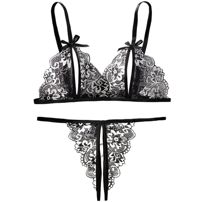 Lace Bralette Set - Hitam Panas Crotchless Wanita Renda Pakaian