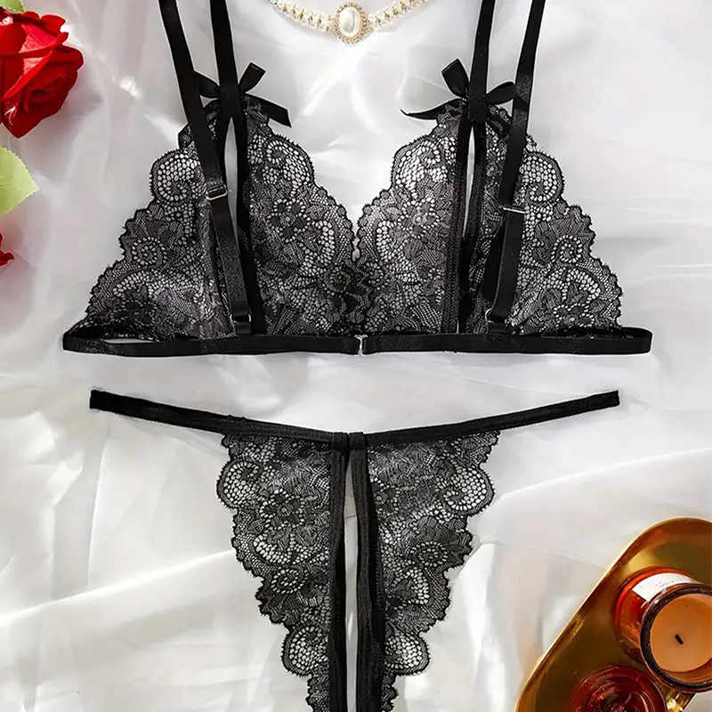 Hitam Panas Crotchless Wanita  - Lace Bralette Set ulasan dan harga